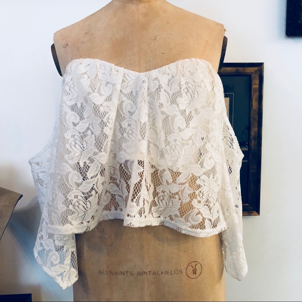White lace off the shoulder crop top